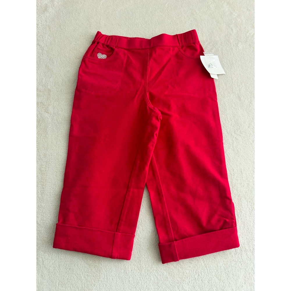 Quacker Factory DreamJeannes Red Capri Pants Rhinestone Heart Cuffed XS New